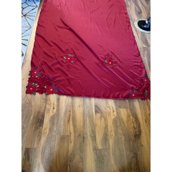 St.Nicholas Square Red Embroidered Tablecloth With Floral Poinsettia Design 120 - Picture 6 of 10